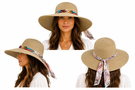 Women's Wide Brim Straw Sun Hat with Colorful Chain Band & Floral Scarf Tie