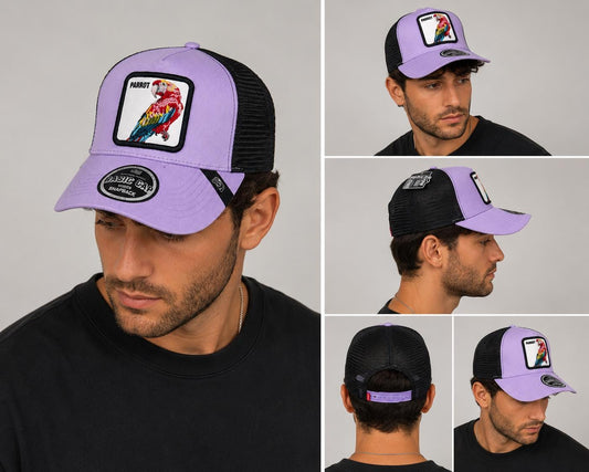 Lavender Parrot Trucker Hat | Embroidered Bird Patch Snapback Cap