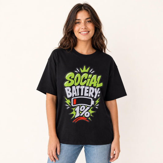 Social Battery 1% T-Shirt, Funny Introvert Graphic Tee, Low Battery Unisex Shirt