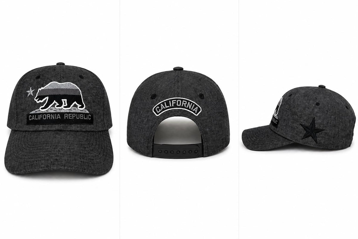California Republic Embroidered Snapback Hat | Charcoal Heather Baseball Cap | Bear Patch Adjustable Cap
