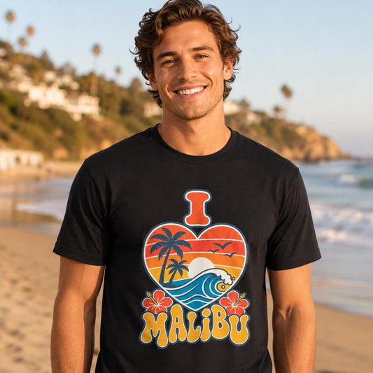 I Love Malibu Heart Sunset Tee, Retro California Beach Shirt, Unisex Surf Top