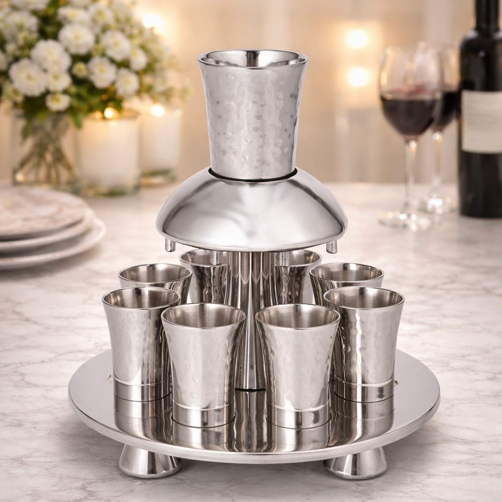 Hammered Stainless Steel Wine Fountain – 8 Cup Kiddush Cascade Set, Elegant Silver Finish