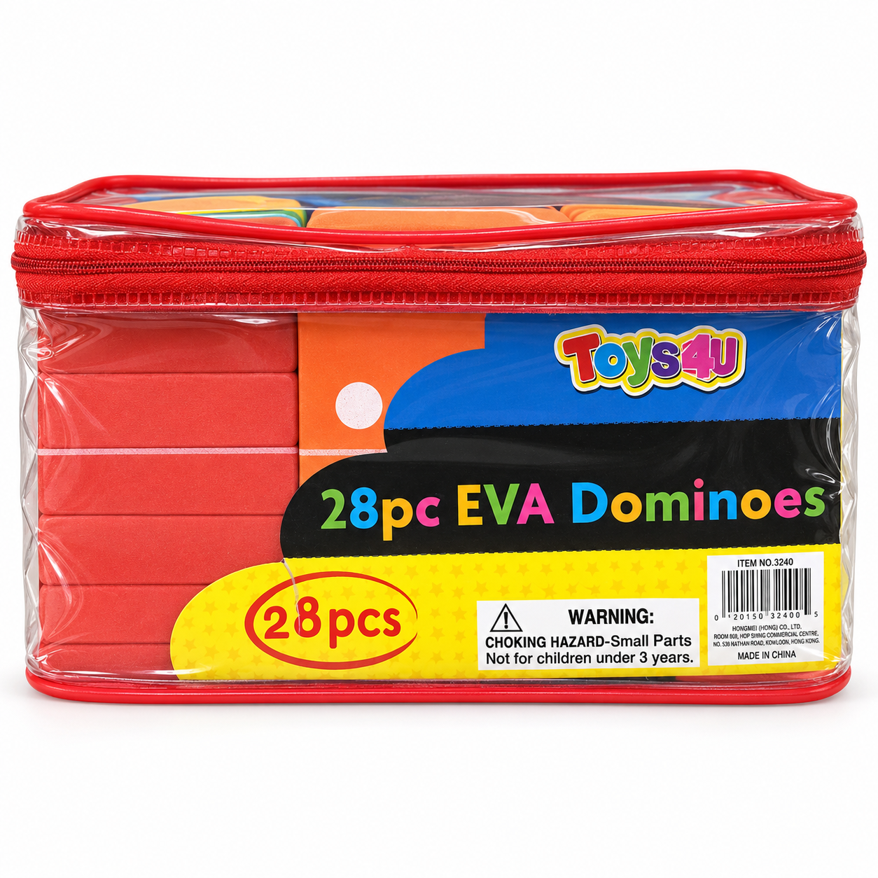 28-piece colorful EVA foam dominoes set in a clear red zippered storage case