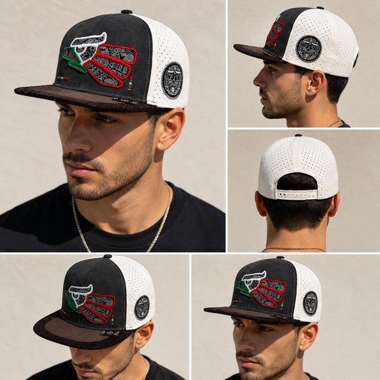 Mexican Heritage Embroidered Snapback Hat | Suede Performance Cap, Aztec Patch