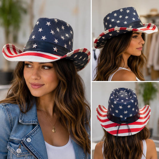 American Flag Cowboy Hat | Stars Stripes Western Straw Rodeo Hat