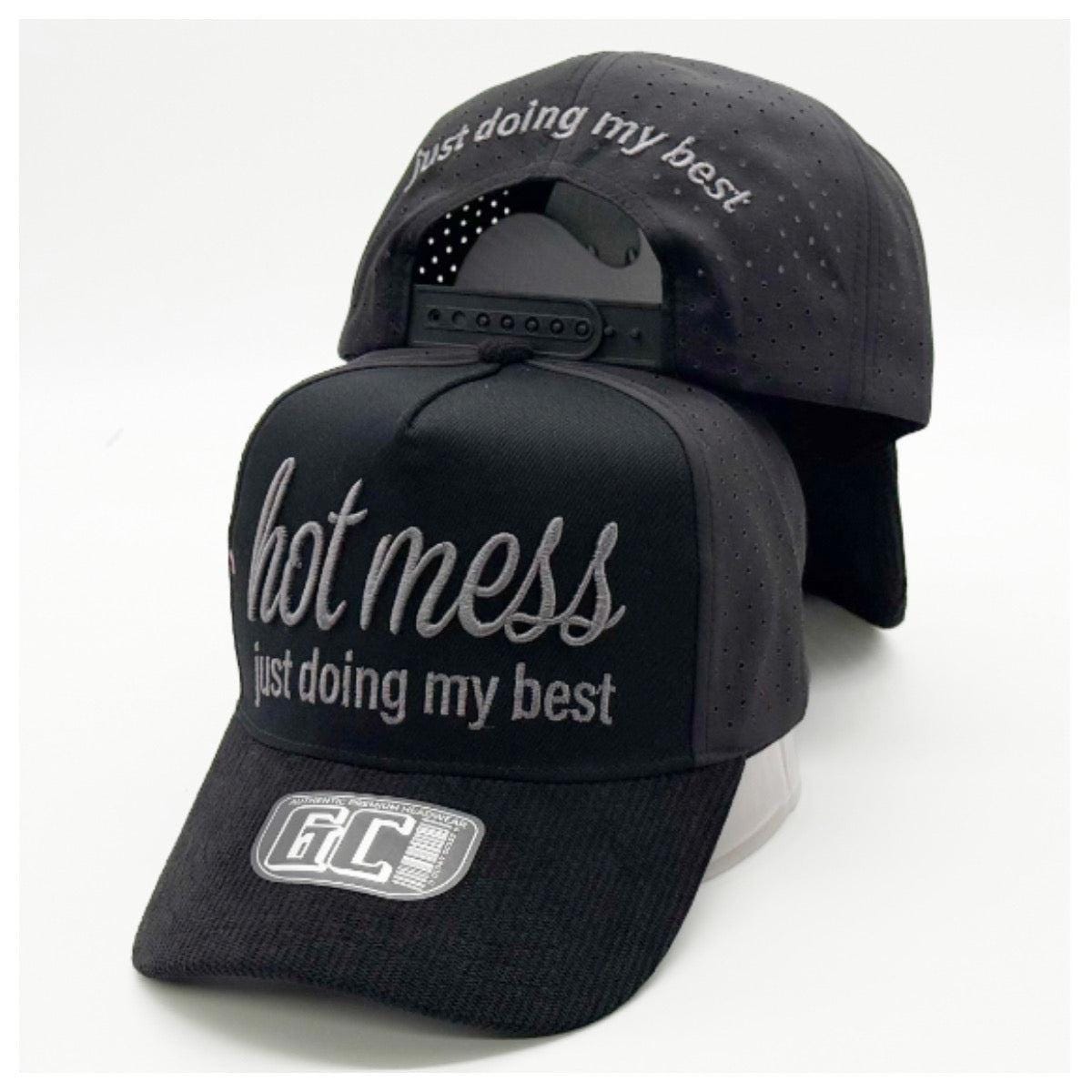 Hot Mess Trucker Hat – Embroidered "Just Doing My" Script, Black Snapback