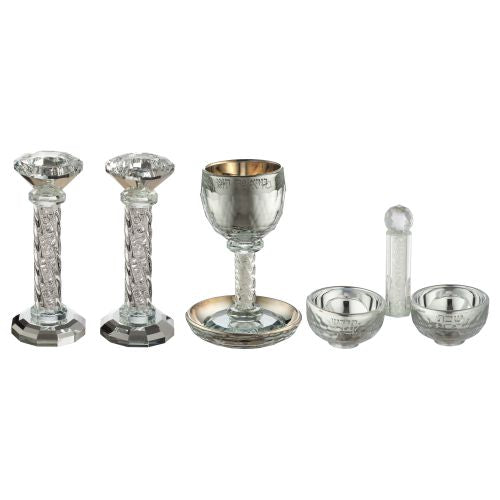 Crystal Set Of Candlesticks + Kiddush Cup + Salt & Pepper Stand with Stones