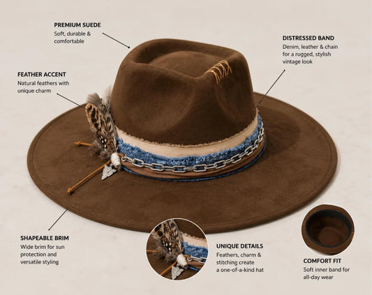 Brown Suede Wide Brim Fedora – Western Boho Hat with Feather, Denim, Chain