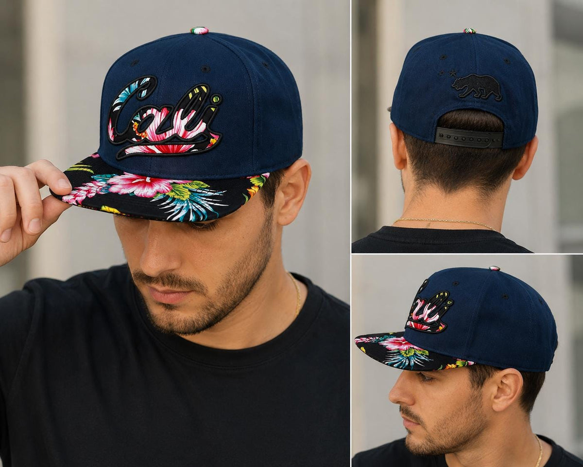 California Floral Snapback Hat | Embroidered Cali Script, Bear Logo, Tropical Brim