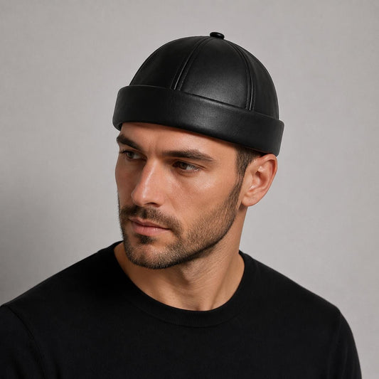 Unisex Leather-Look Brimless Docker Hat – Adjustable Rolled-Cuff Cap in Black, Burgundy and Tan