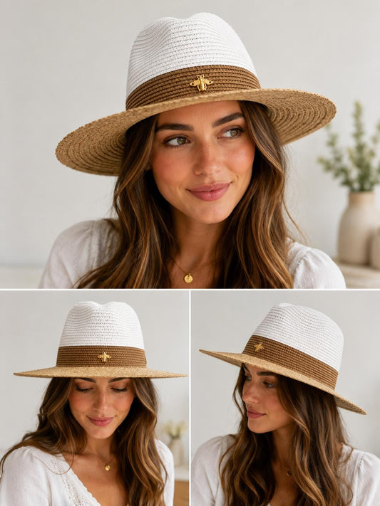 Two-Tone Straw Fedora Sun Hat with Gold Bee Charm | Wide Brim Summer Beach Accessory