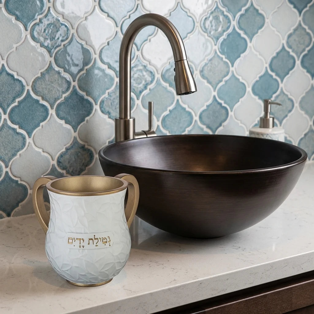 White and gold polyresin Netilat Yadayim washing cup, 14 cm