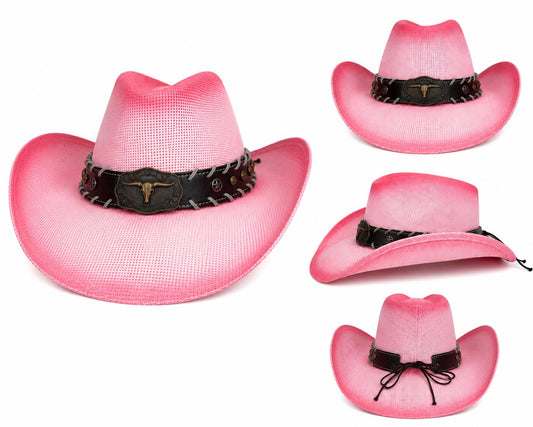 Pink & Tan Western Straw Cowboy Hat | Lightweight Sun Hat | Unisex
