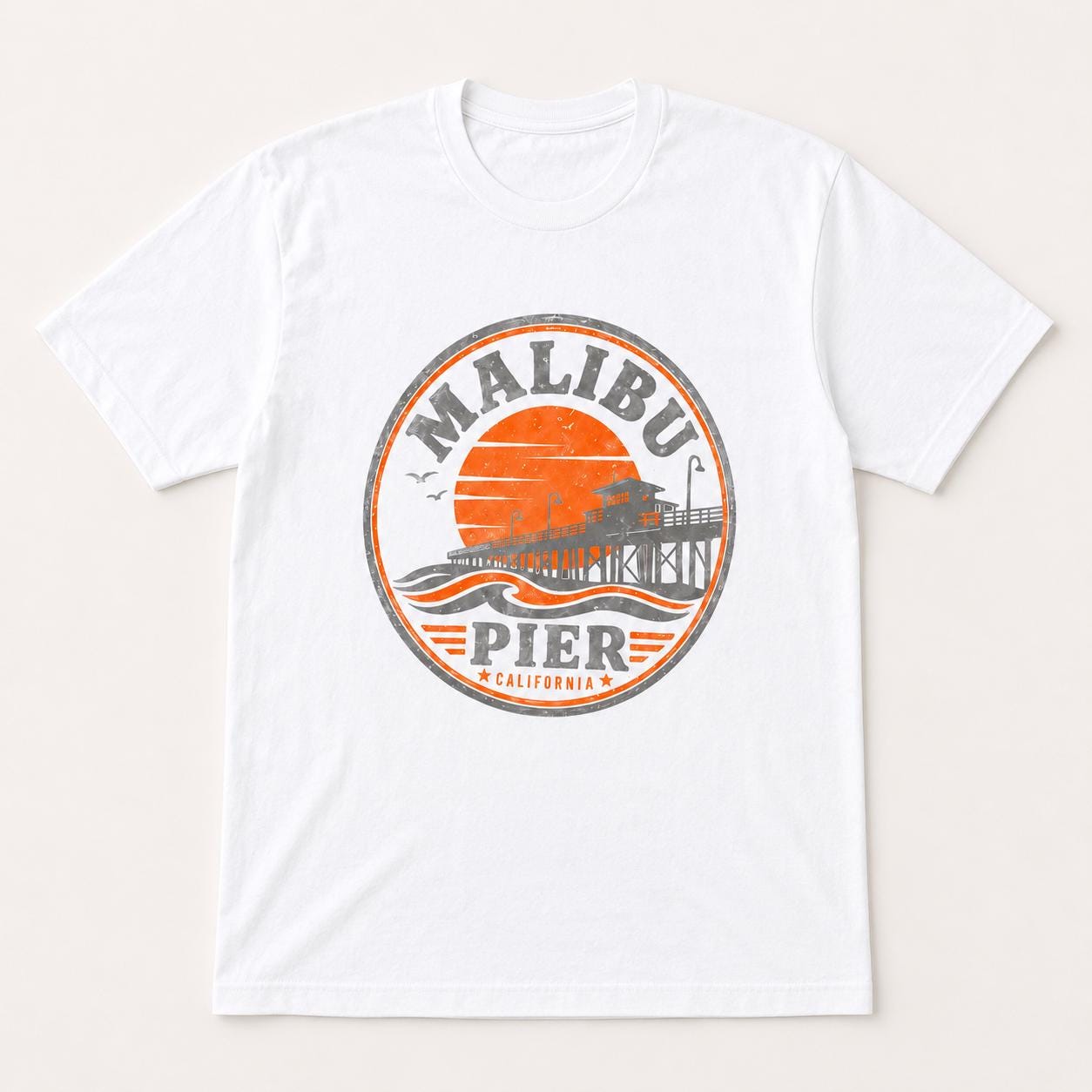 Malibu Pier California T-Shirt, Vintage Beach Graphic Tee, Retro Coastal Unisex Black