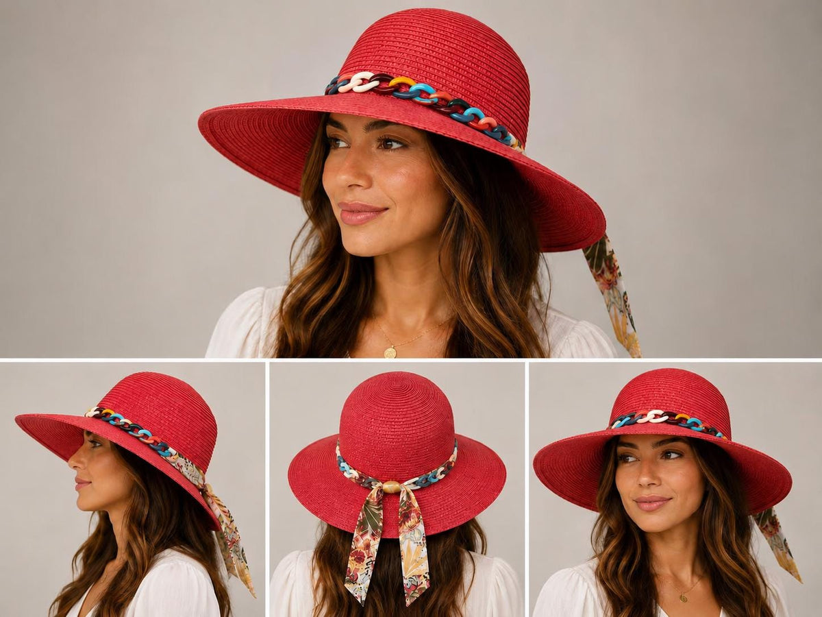 Women's Wide Brim Straw Sun Hat with Colorful Chain & Floral Scarf Tie