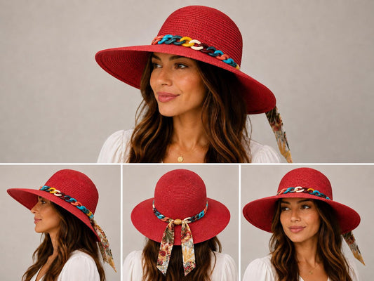 Women's Wide Brim Straw Sun Hat | Multicolor Chain, Floral Scarf Tie, UV Beach Protection