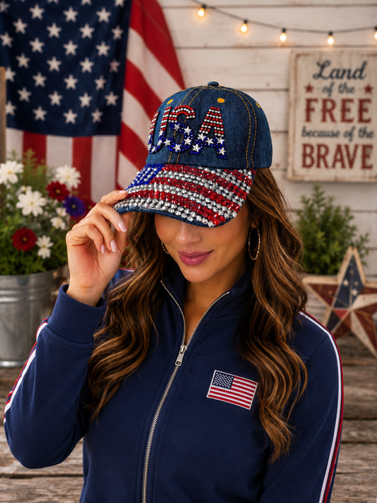 USA Rhinestone Denim Baseball Cap for Women – Patriotic American Flag Bling Hat, 4th of July Sparkle Cap
