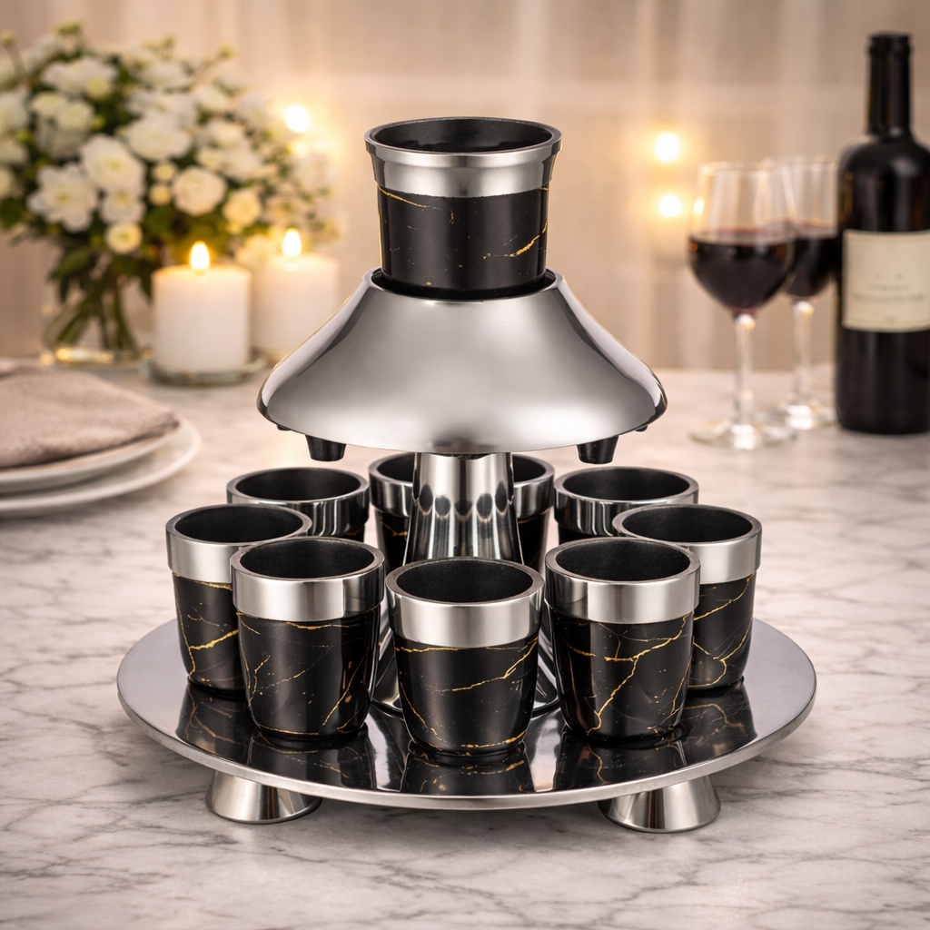 Marble-Style Wine Fountain Kiddush Set – Hammered Stainless Steel Cascade with 8 Cups, Elegant Table Centerpiece