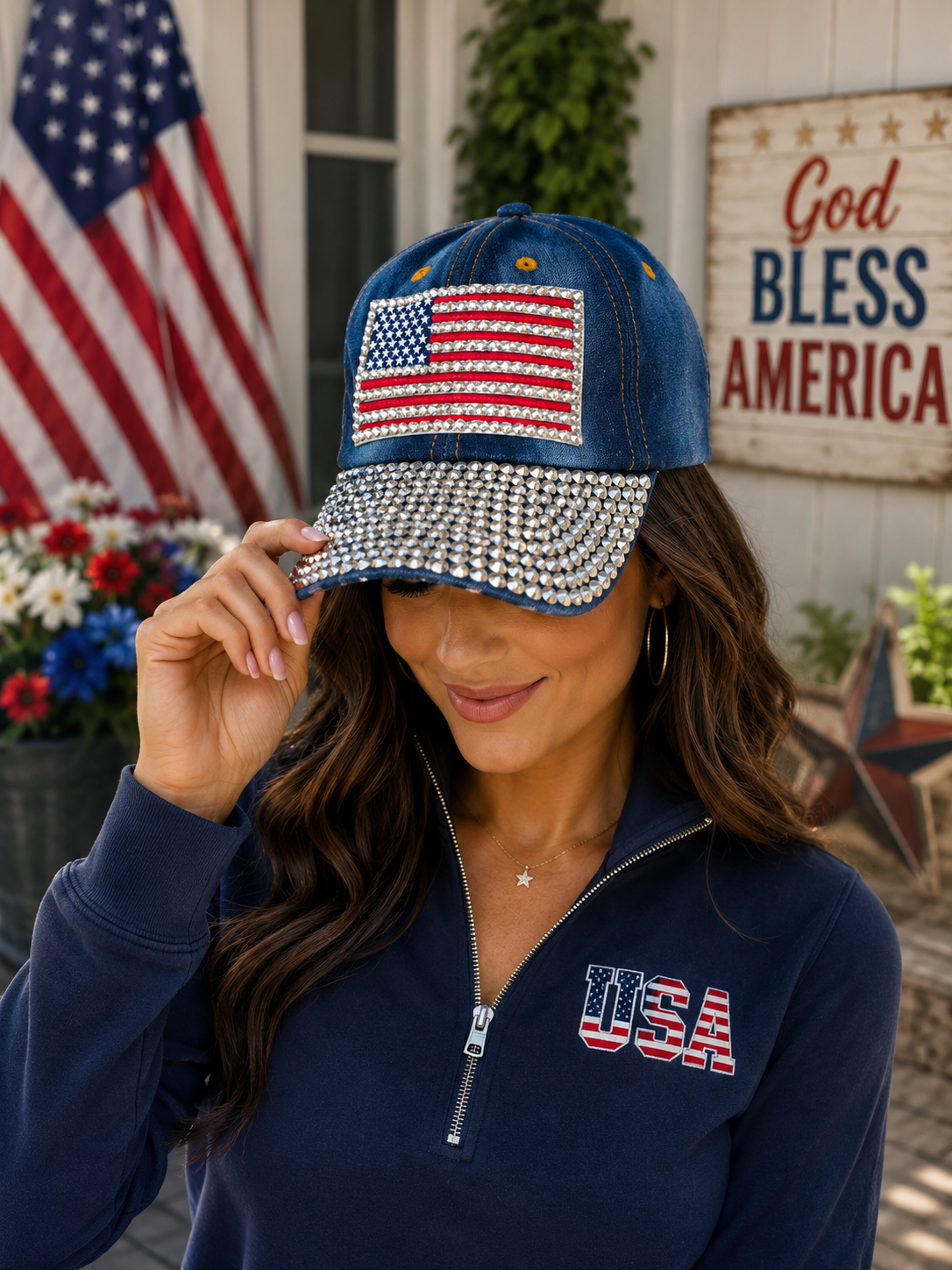 USA Rhinestone Denim Baseball Cap for Women – Patriotic American Flag Bling Hat, 4th of July Sparkle Cap