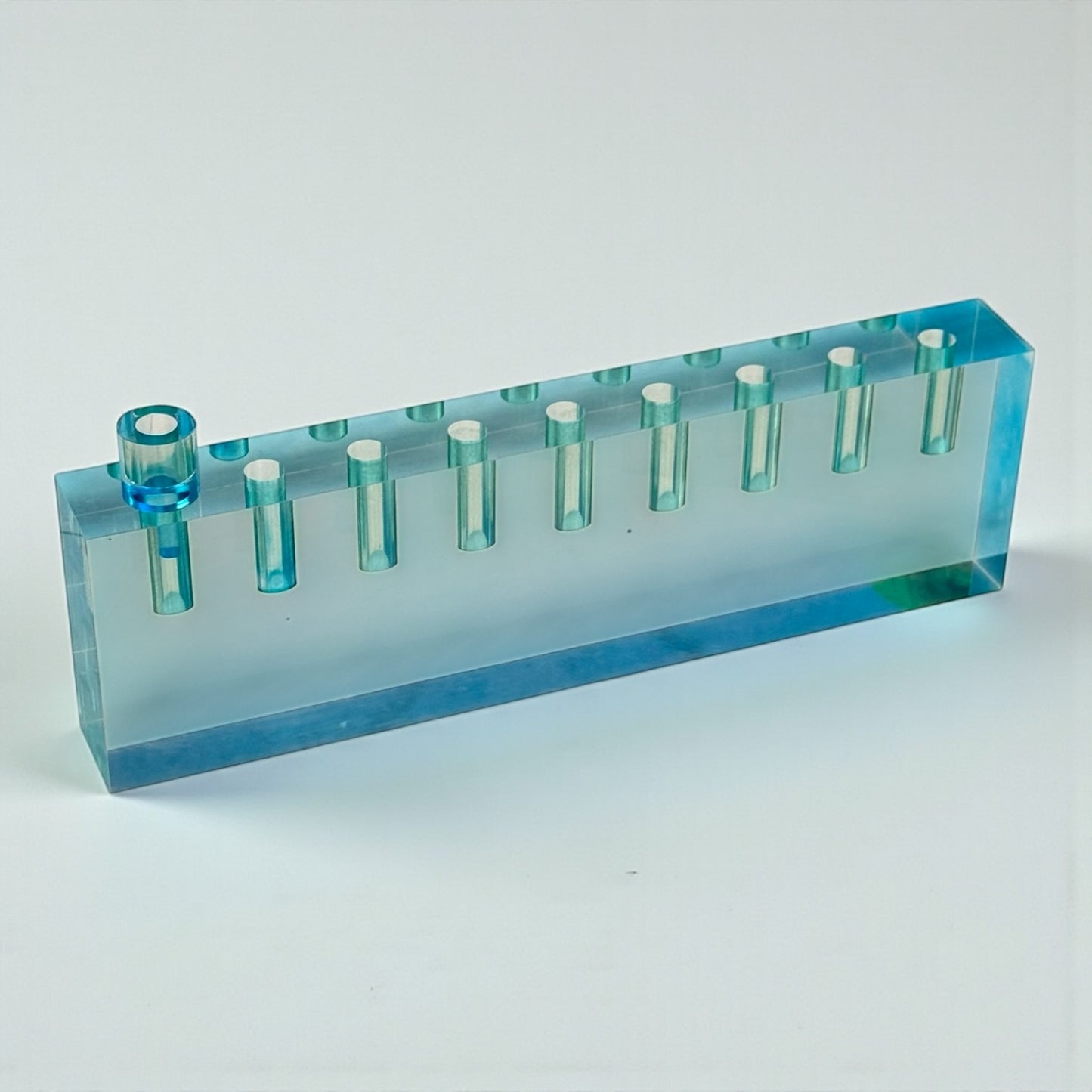Fancy blue lucite oil menorah 13.5 x 4 x 1.5” block