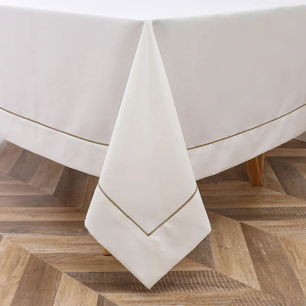 Poly tablecloth (Linen Look) - White with Light Gold Trim Embroidery