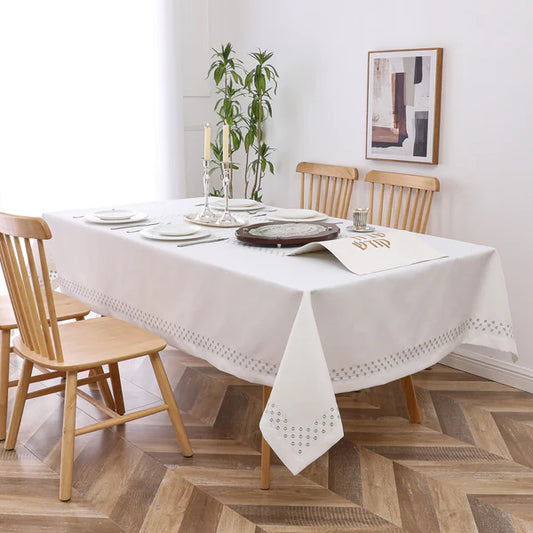 Poly Tablecloth (Linen Look) - White mbroidered Circles and Diamonds Underlay