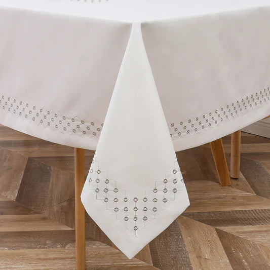 Poly Tablecloth (Linen Look) - White mbroidered Circles and Diamonds Underlay