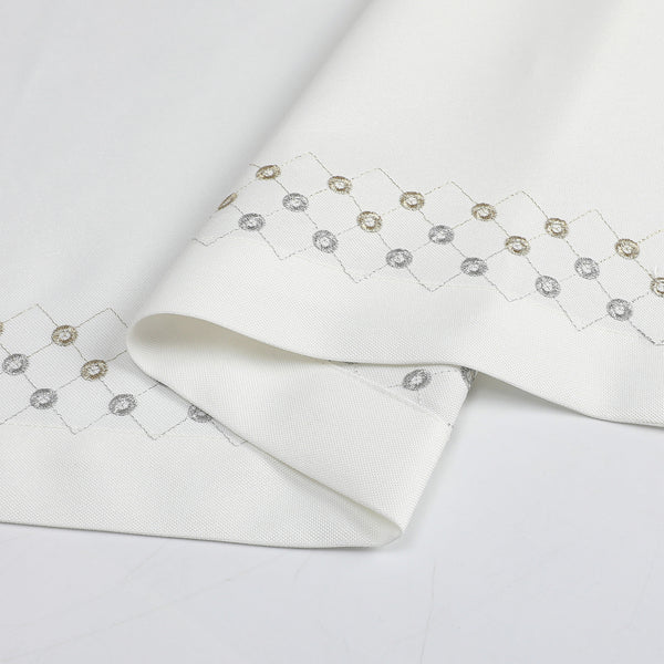 Poly Tablecloth (Linen Look) - White mbroidered Circles and Diamonds Underlay