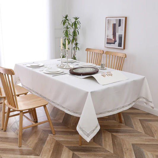 Poly Tablecloth (Linen Look) - White with Gold Trim Design