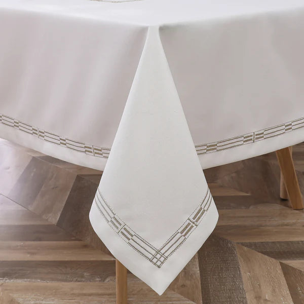 Poly Tablecloth (Linen Look) - White with Gold Trim Design