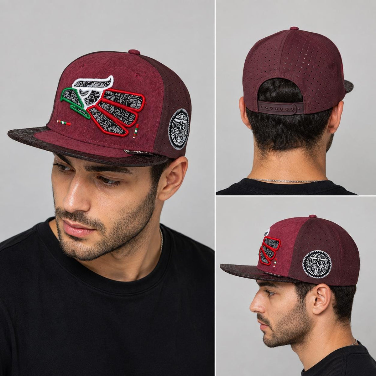 Mexican Heritage Embroidered Snapback Hat | Suede Performance Cap, Aztec Patch
