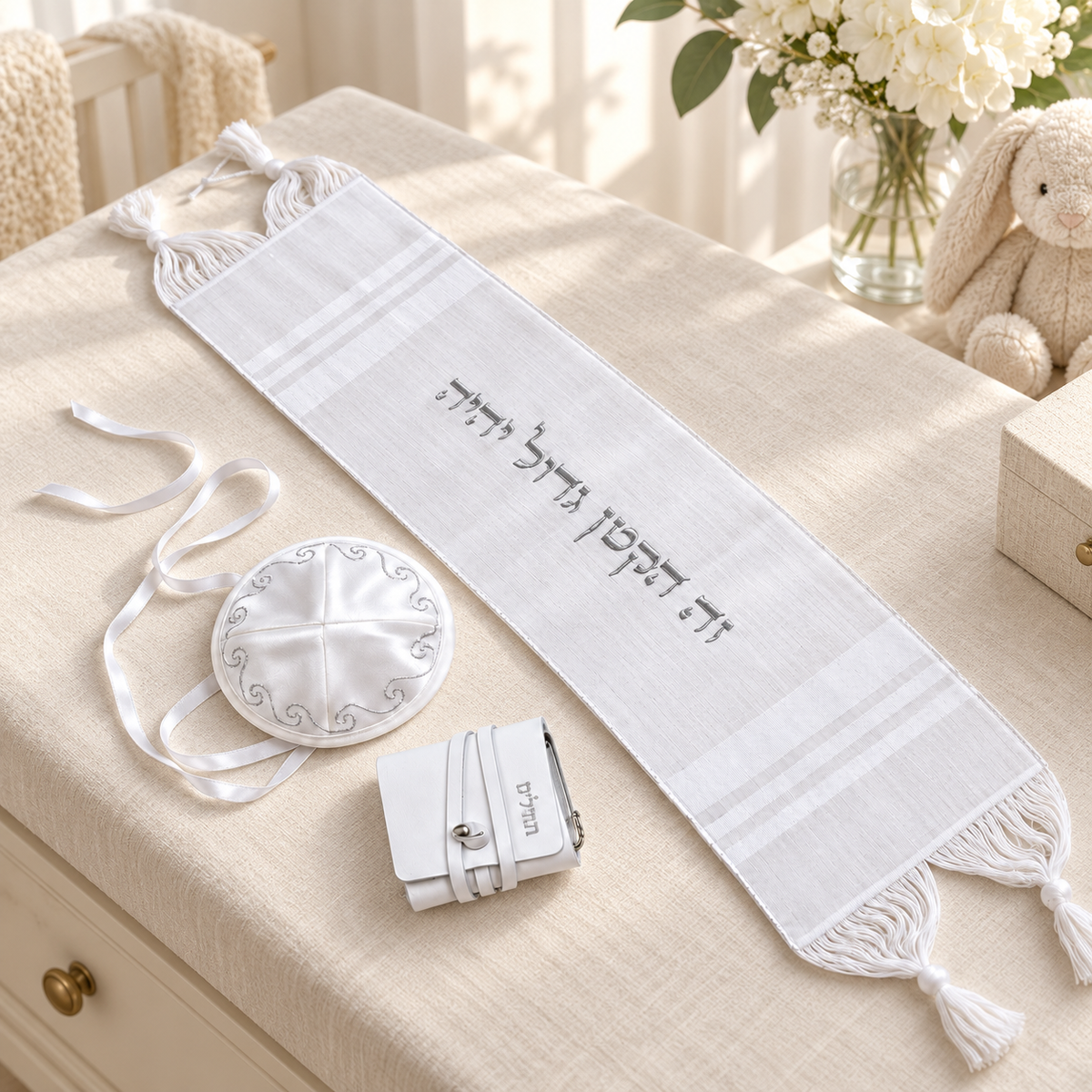 All-white baby Brit Milah set arranged in an elegant nursery