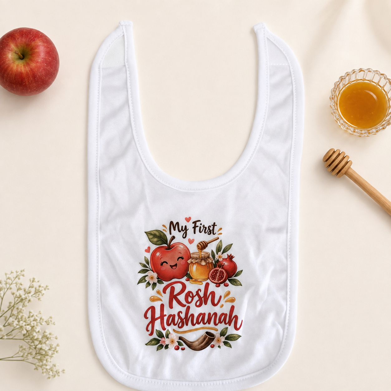 Baby's First Rosh Hashanah white bib with apple, honey, pomegranates and shofar design