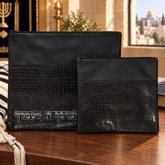 Black vinyl tallit and tefillin bag set in an elegant Jewish prayer setting
