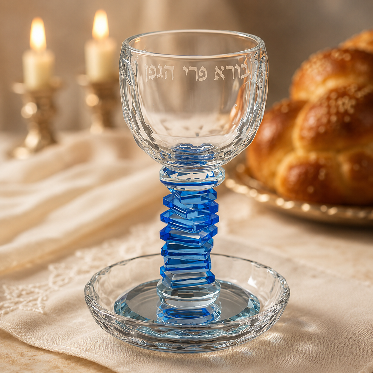 Clear crystal Kiddush cup with blue geometric stem and saucer staged for Shabbat
