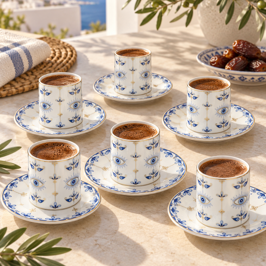 Blue evil-eye coffee cups and saucers styled with Turkish coffee