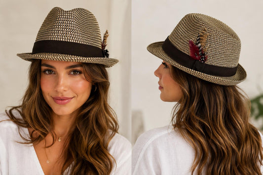 Unisex Woven Straw Fedora Hat | Feather Accent, Brown Band, Lightweight Trilby
