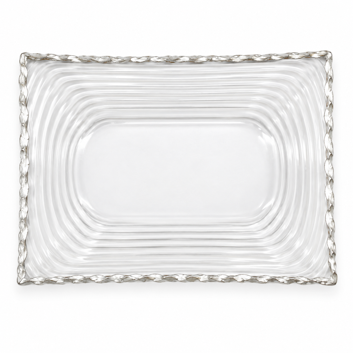 Overhead view of clear glass serving plate with ripple pattern and silver trim