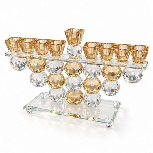 Crystal menorah with nine amber oil-cup holders, elevated angle