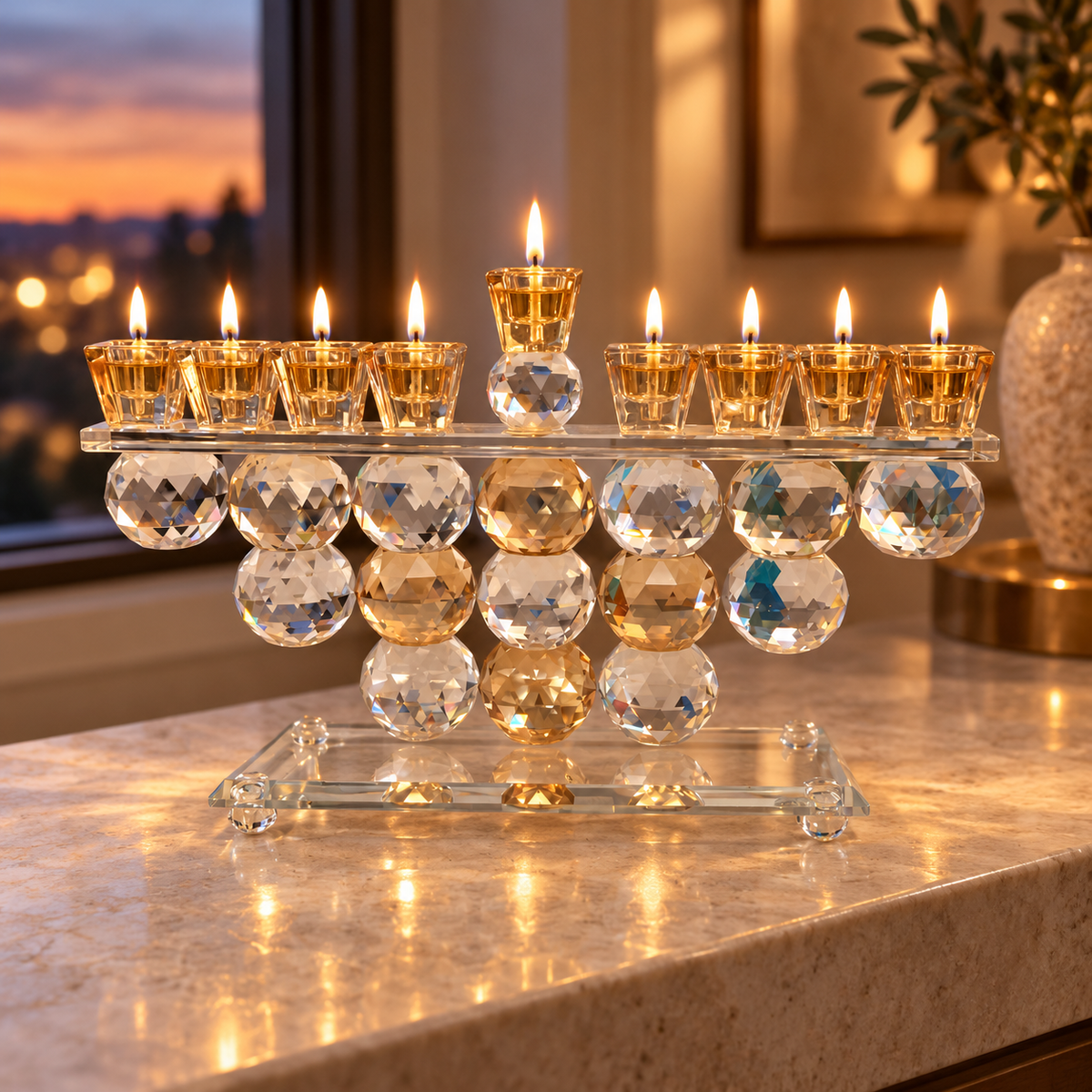 Crystal menorah with lit oil cups on a stone console in a warm home