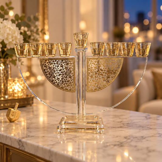 Crystal menorah with golden floral filigree plaques displayed on a marble console in a warmly lit home