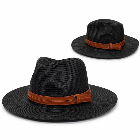Woven Straw Fedora Hat | Wide Brim Sun Protection, Faux Leather Band