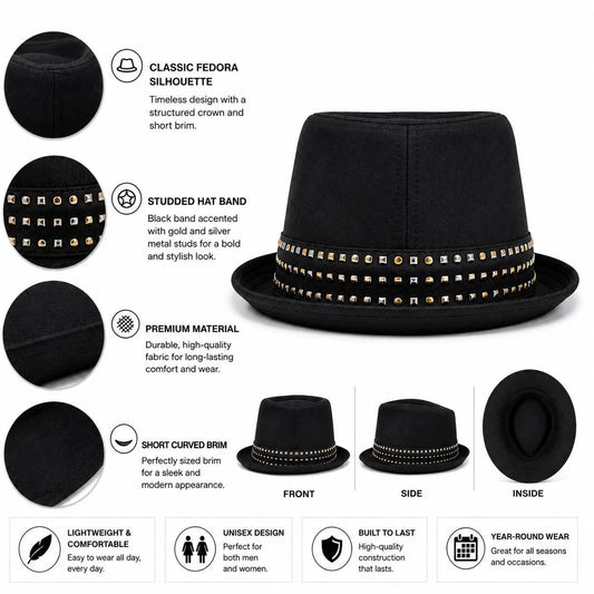 Black Studded Fedora Hat | Unisex Trilby with Metal Stud Band