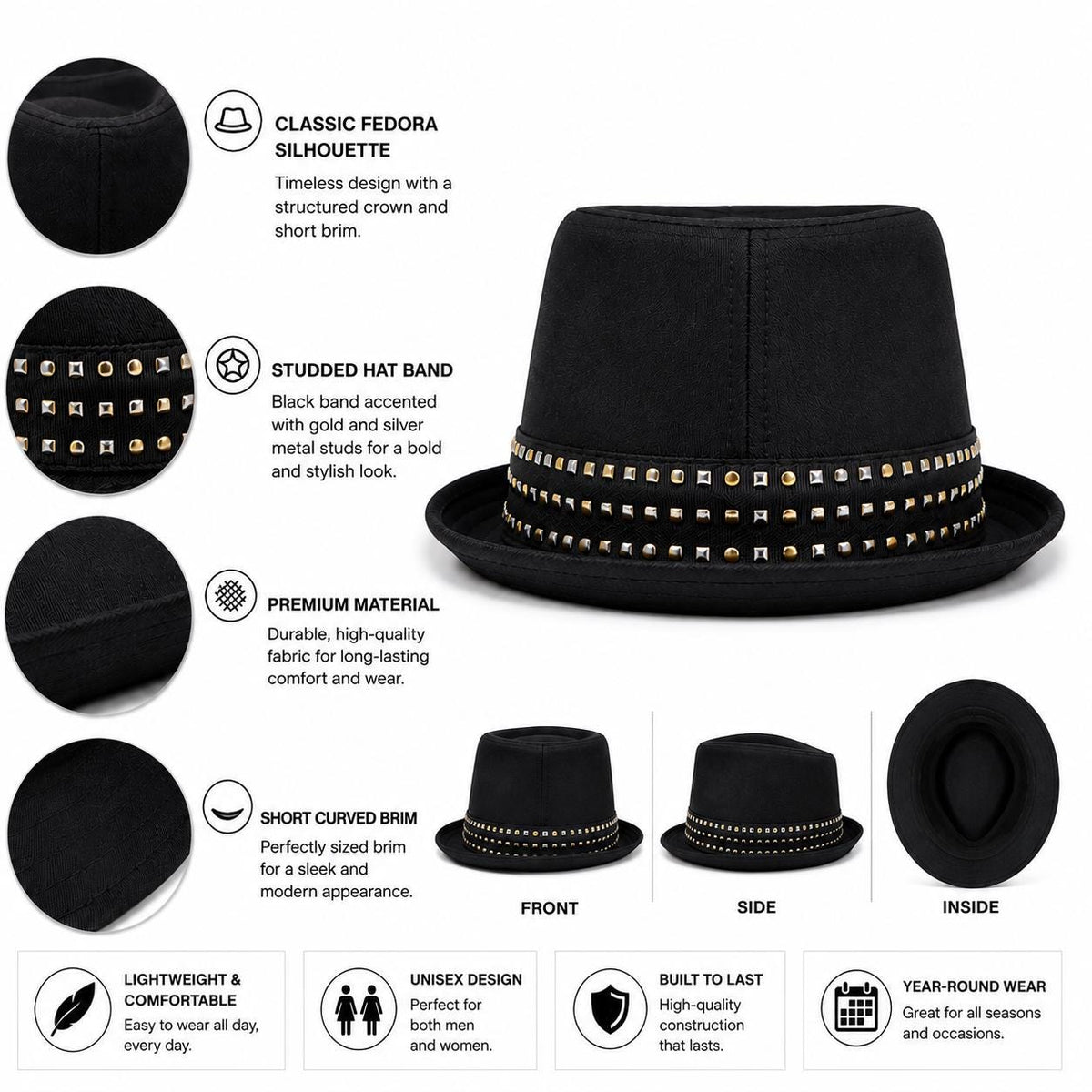 Black Studded Fedora Hat | Unisex Trilby with Metal Stud Band