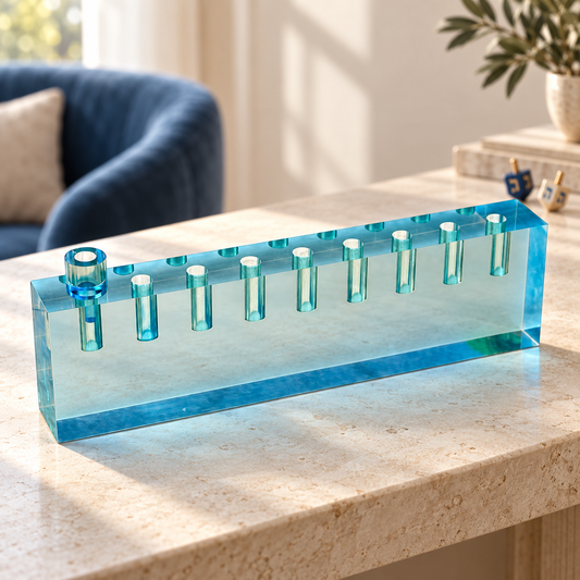 Blue lucite oil menorah displayed on a stone console in a bright modern home