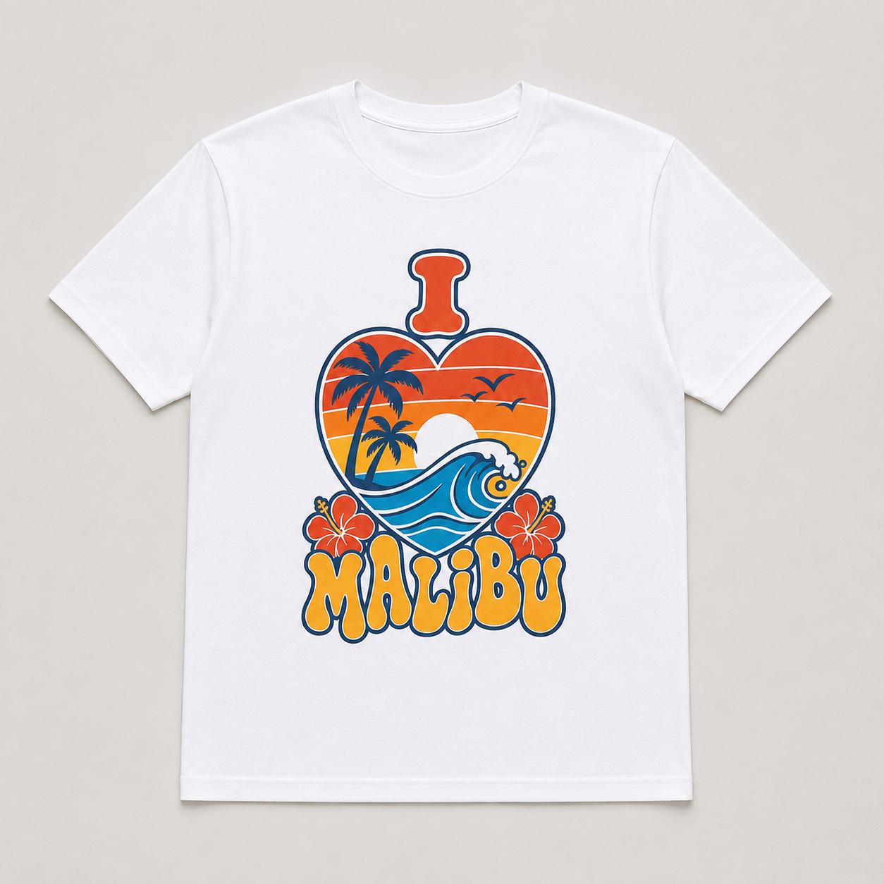 I Love Malibu Heart Sunset Tee, Retro California Beach Shirt, Unisex Surf Top