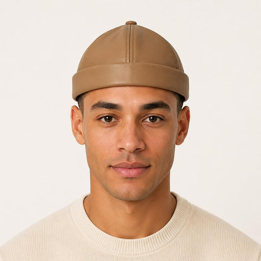 Unisex Leather-Look Brimless Docker Hat â Adjustable Rolled-Cuff Cap in Black, Burgundy and Tan