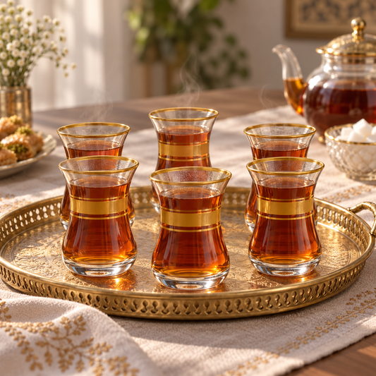 Six gold-band glass tea cups arranged for tea service