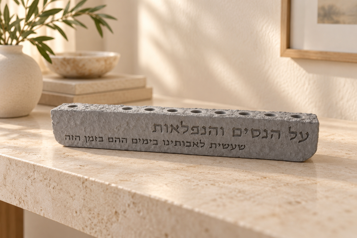 Gray Al Hanissim concrete hanukkiah displayed on a stone console in a neutral home