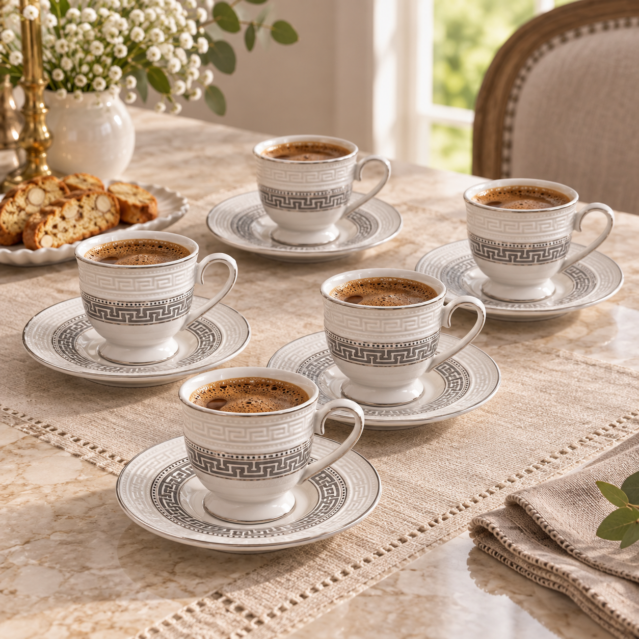Gray Greek-key coffee cups and saucers styled with coffee and biscotti